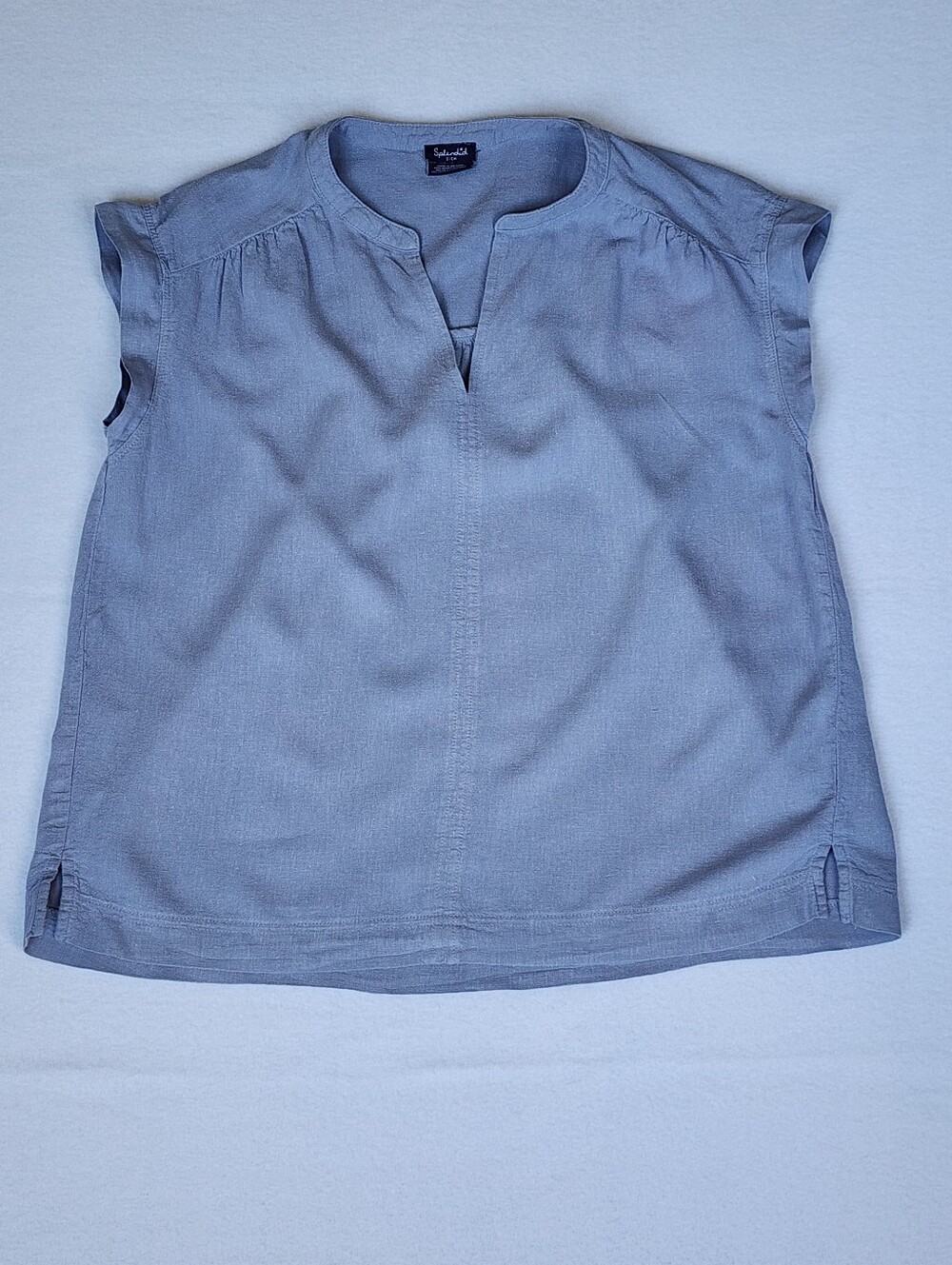 Splendid Linen Blend Split Neck Blouse Light Blue Cap Sleeve Top Small